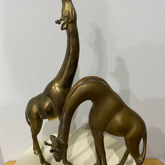 2 Vintage Solid Brass Giraffes Mid Century Modern - Bending/Standing Stretching